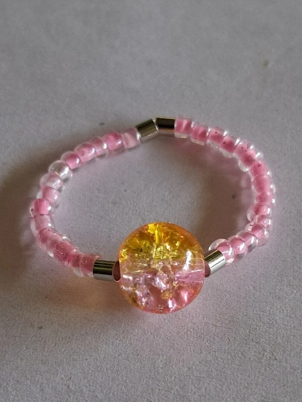 5/$25 Hand Crafted Pink and Orange Crackle Glass Beaded Ring 6,7,8